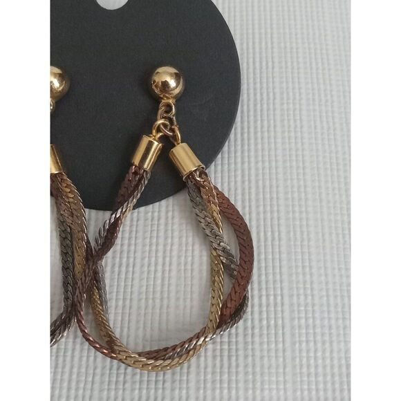 Gold Silver and Bronze Toned Interlocked Metal Herringbone Chain Drop Earrings - Picture 9 of 9